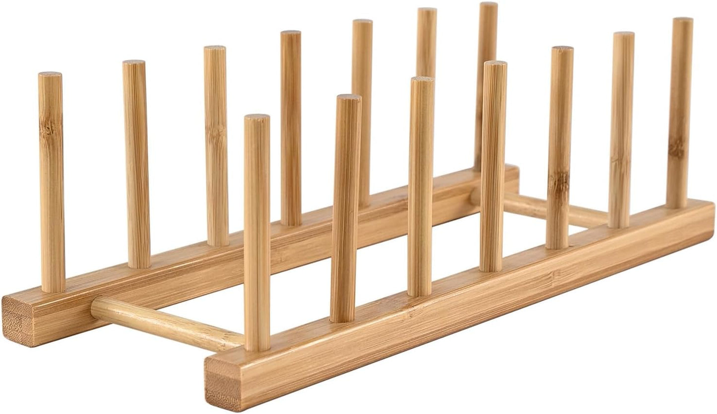 Bamboo Wooden Dish Rack, Vertical Plate & Lid Organizer for Kitchen Cabinet or Countertop