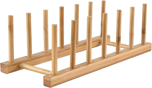 Bamboo Wooden Dish Rack, Vertical Plate & Lid Organizer for Kitchen Cabinet or Countertop
