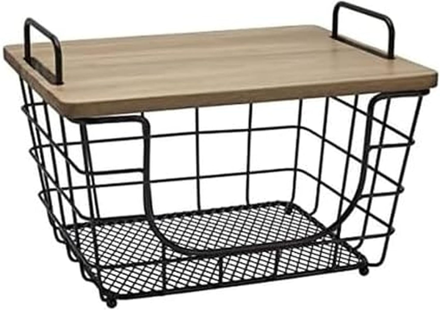 Madam Metal Stacking Nesting Rectangular Basket with Acacia Wood Lid, Space Saving Kitchen