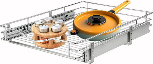 1 Tier Pull Out Cabinet Organizer (11" W x 21" D) Heavy-Duty Metal Sliding Drawer Shelf