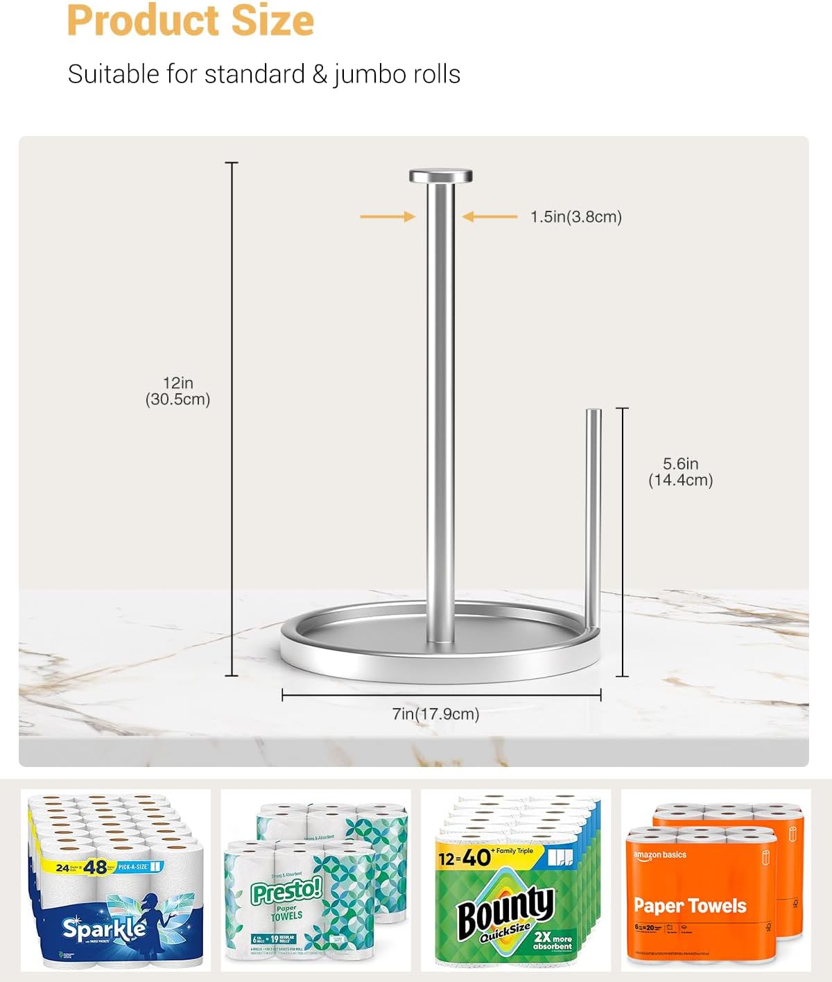 Paper Towel Holder Countertop, Stainless Steel, Anti Slip Base, Silver