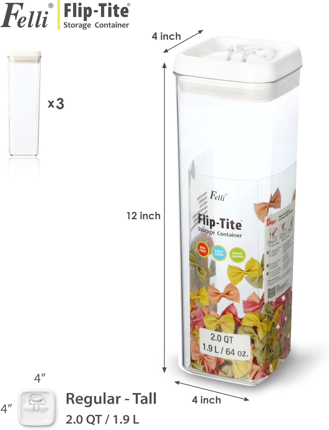 Flip Tite TALL Storage Container with Lid 4" Air Tight Easy Open Ring Top