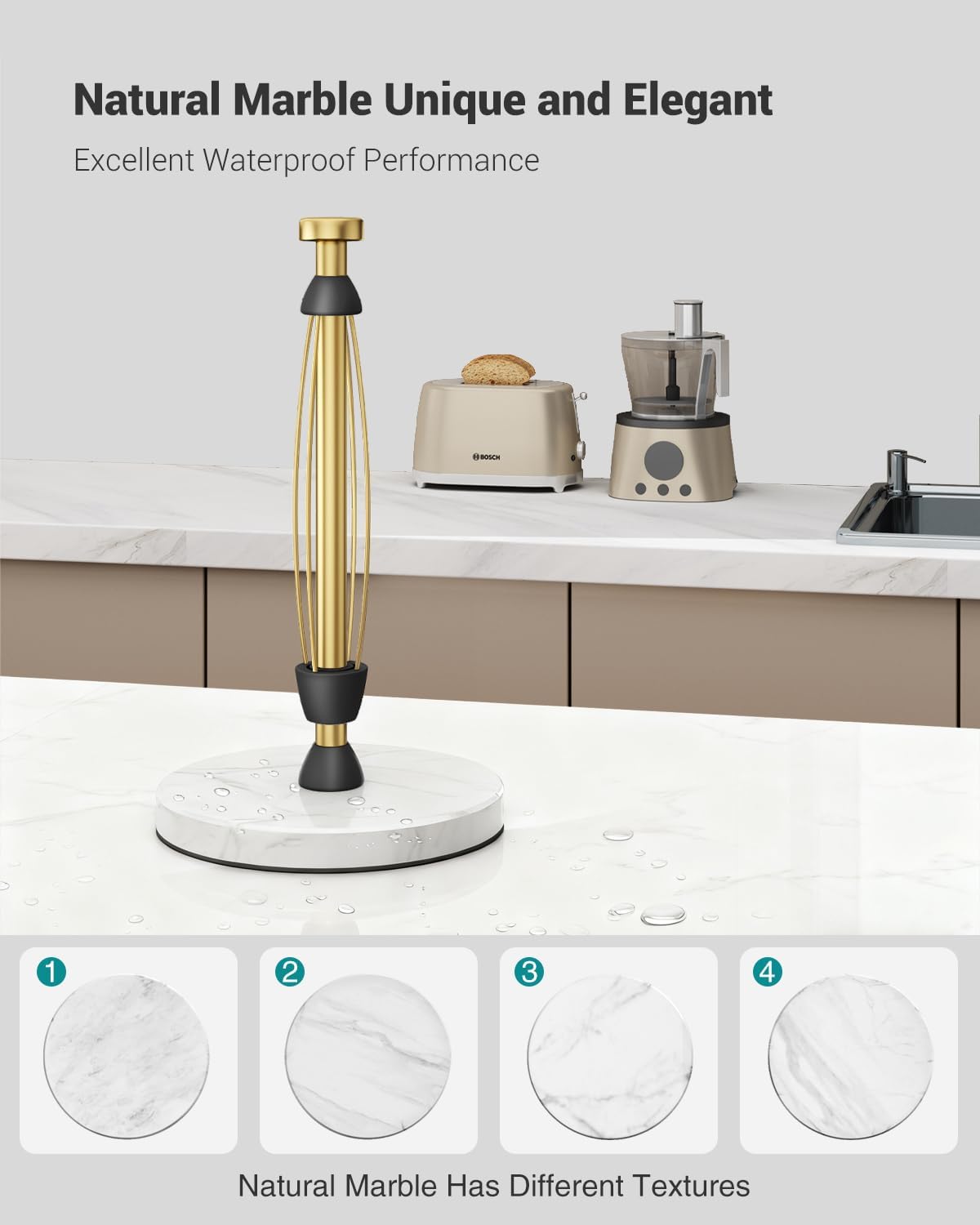 Paper Towel Holder Countertop, Marble Weighted Base, Warm Gold, One-Handed Tear