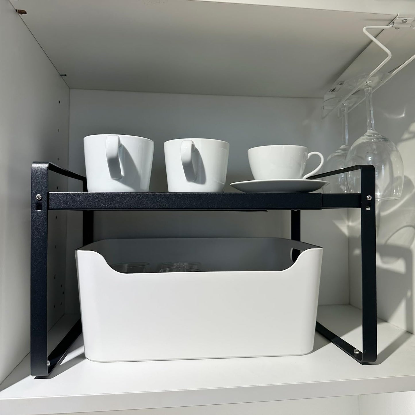 Set of 2 Expandable Cabinet Shelf Organizer, Black Kitchen Countertop Shelves