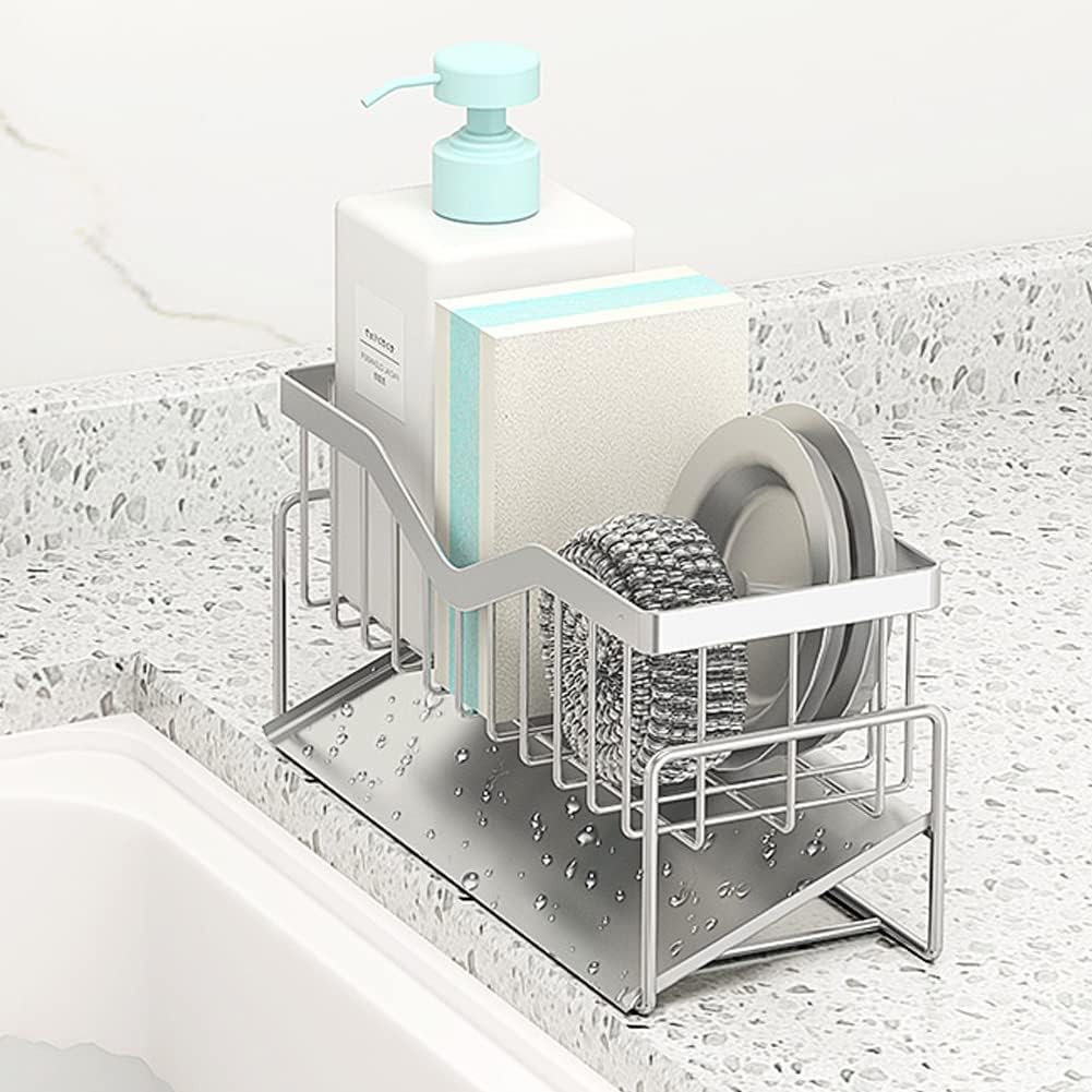 Kitchen Sink Caddy Sponge Holder , 304 Stainless Steel Kitchen Soap Dispenser Caddy Organizer