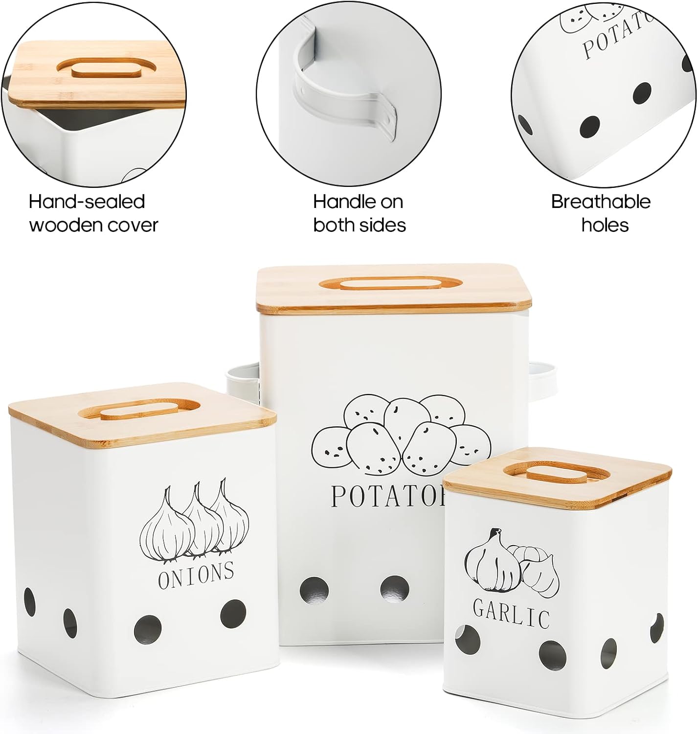 3 Pack Vegetable Storage Tins, Metal Onion Garlic Potato Jars Set