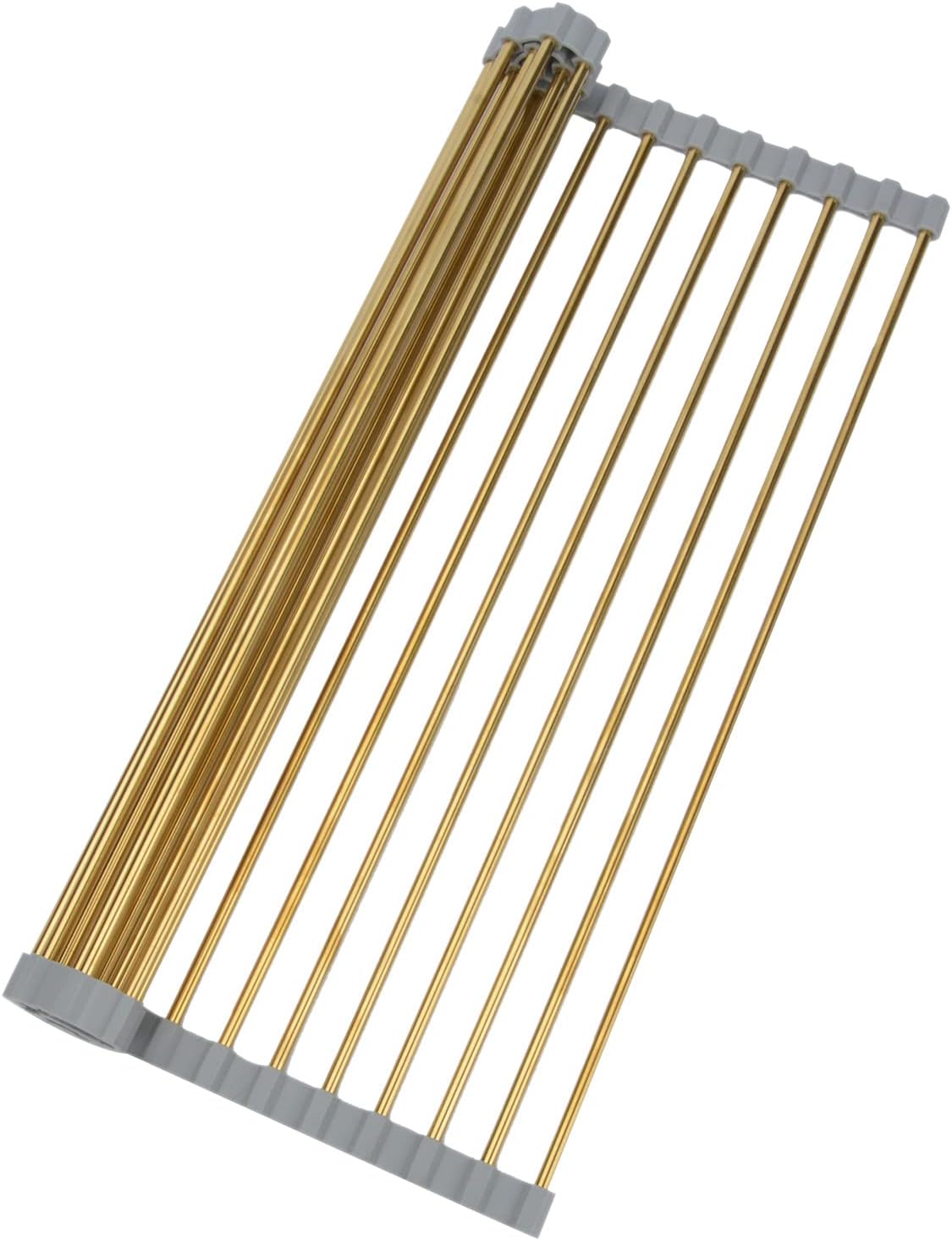 Roll Up Dish Drying Rack, Stainless Steel Dish Drainer Over The Sink with Anti-Slip Silicone for Kitchen Counter, Gold (17.8 x 15.7 in)