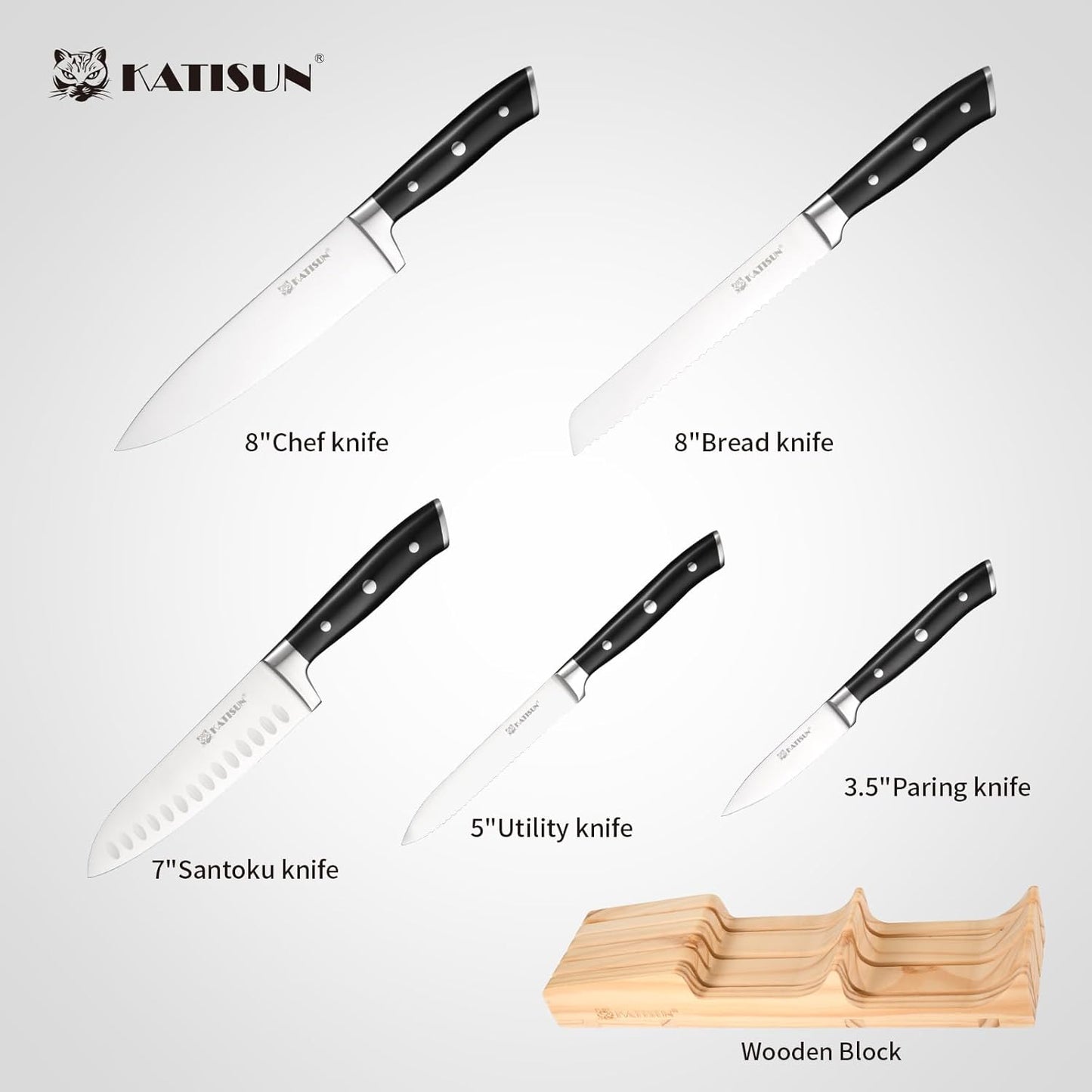 In-Drawer Knife Block with 5 Pieces Knives, Bamboo Knife Drawer Organizer for Kitchen