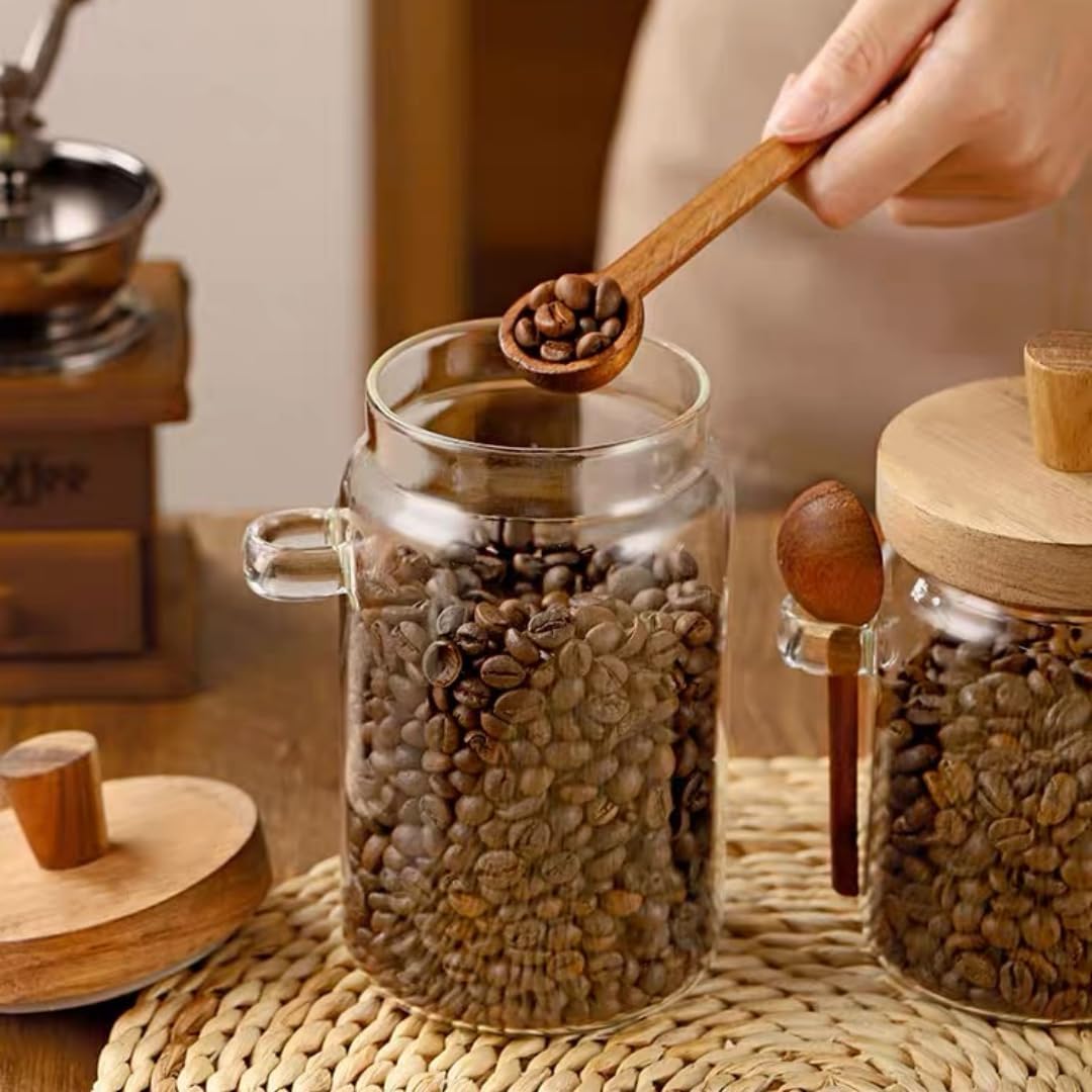 Set of 2 Glass Food Storage Jars with Bamboo Wood Lid and Spoon