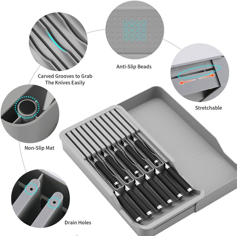 Expandable Knife Organizer for Drawer - Retractable and Adjustable Knife Block Holder Insert