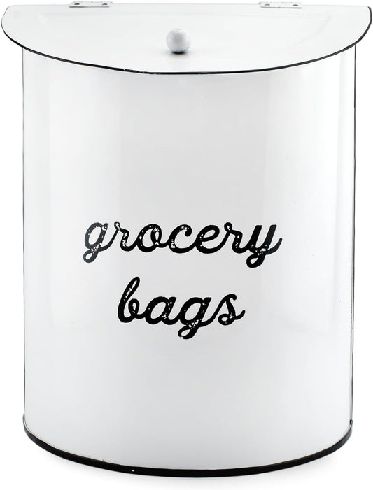 Rustic Grocery Bag Holder; Wall-Mounted Vintage Enamelware Farmhouse Style Plastic Bag Dispenser for Kitchen or Laundry Room