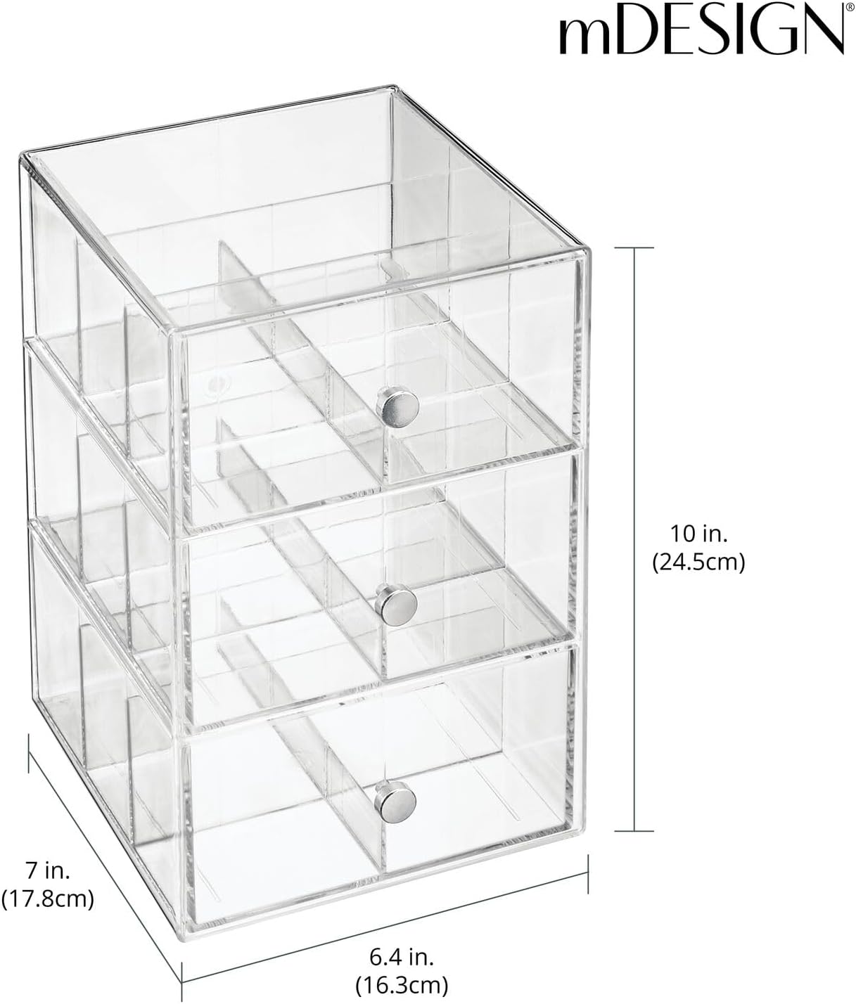 Plastic Wide Kitchen Pantry, Cabinet, Countertop Organizer Storage Station with 3 Drawers for Coffee, Tea, Sugar Packets, Sweeteners, Creamers, Drink Pods, Packets; 18 Sections - Clear