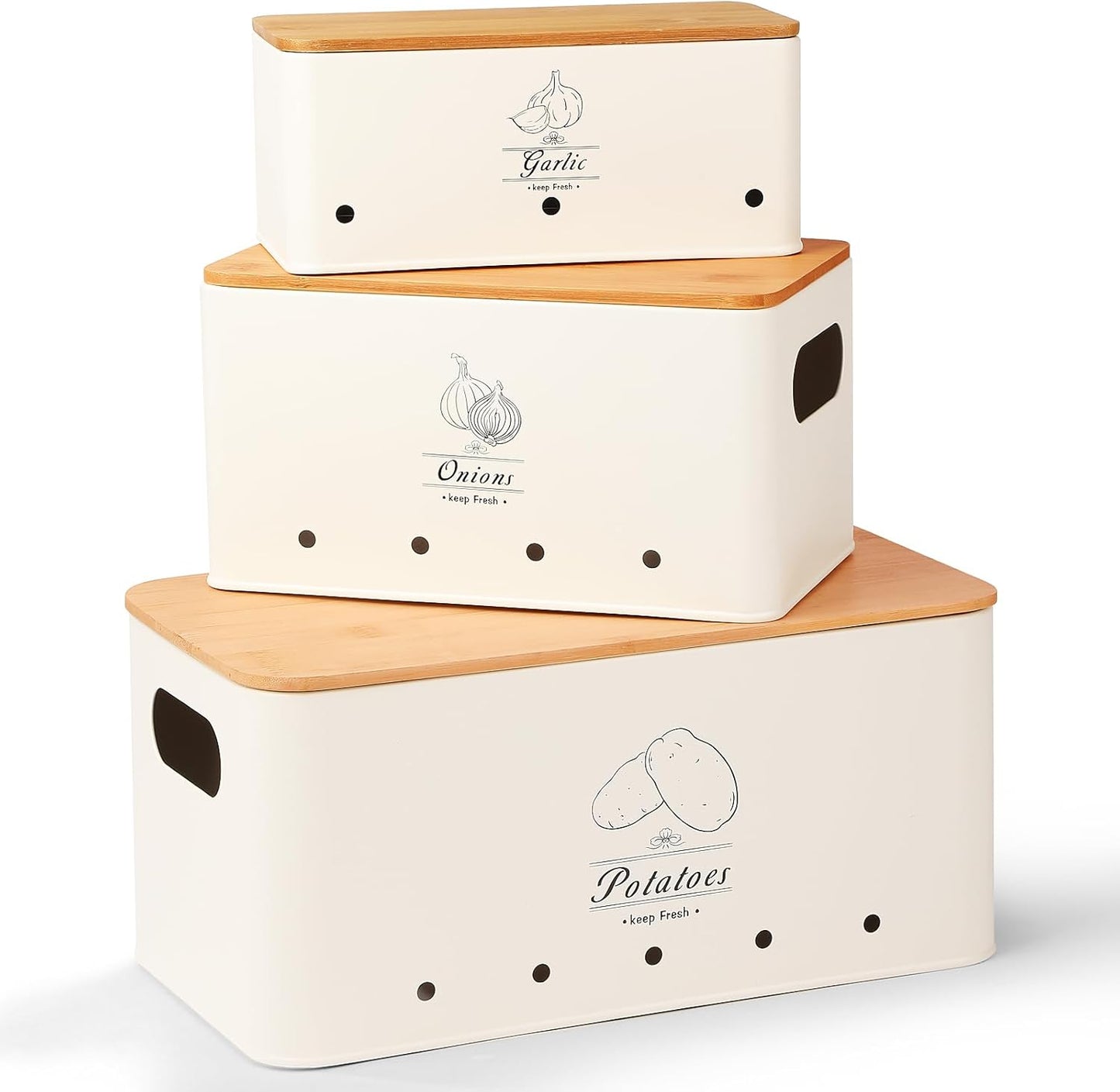 Kitchen Vegetable Storage Tins Set of 3 for Potatoes, Onion, Garlic