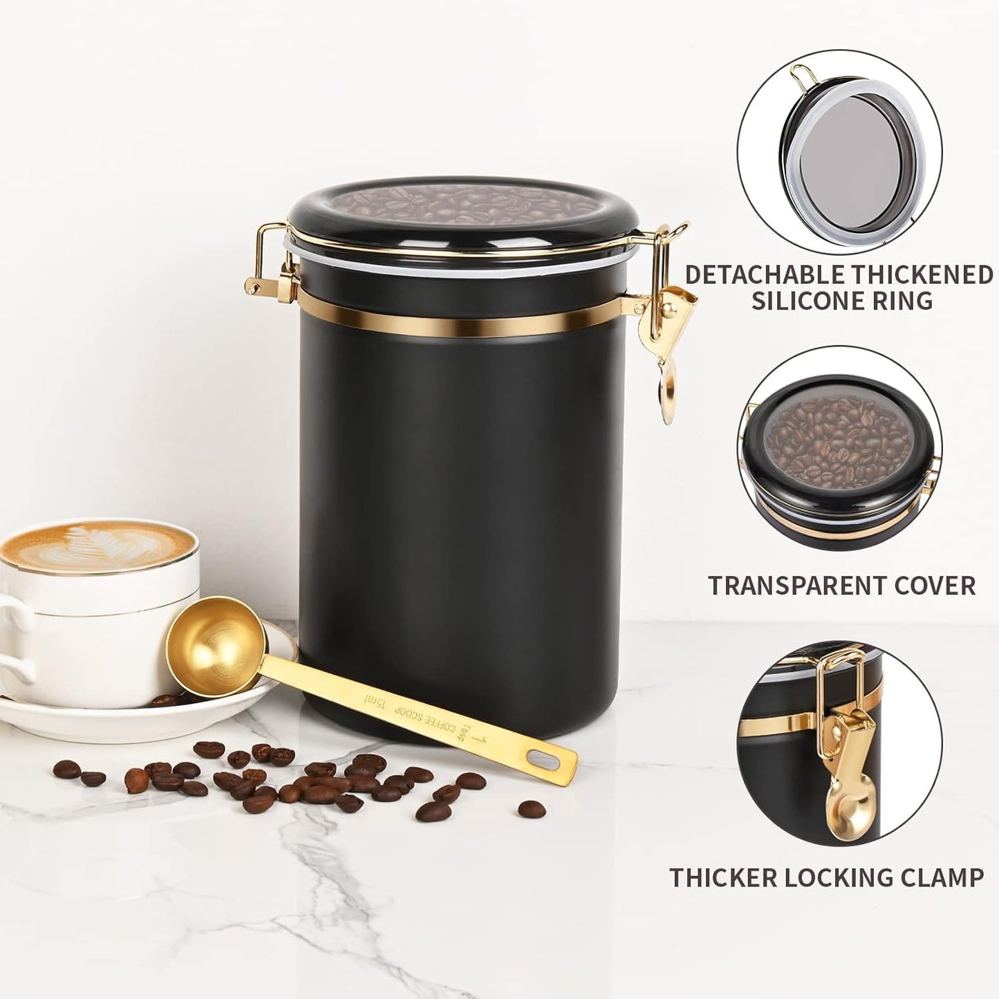 304 Stainless Steel Coffee Canisters for Ground Coffee,3 x 63 OZ Coffee Container with Shelf Coffee Bean Storage, Food Storage Jar with Gold Airtight Locking Clamp and Spoon for Kitchen