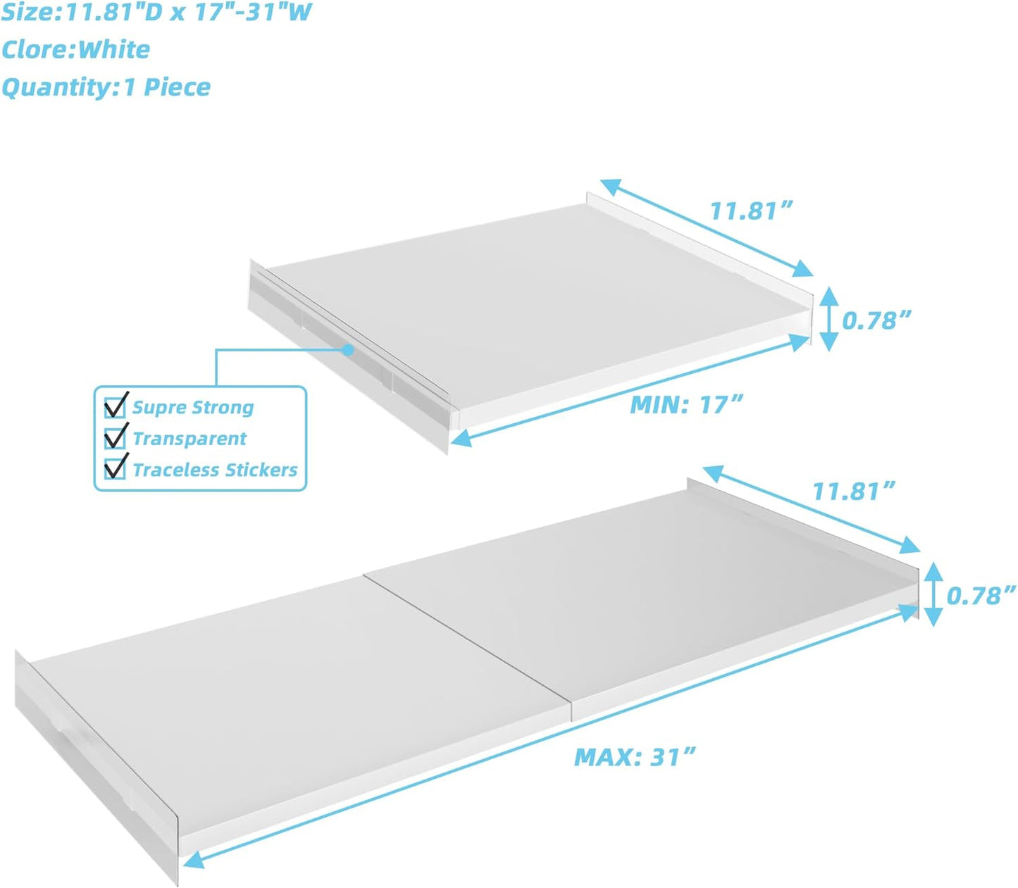 Adjustable Closet Shelves Organizers,1 Pack Expandable for Cabinet Rack Storage Wardrobe Tension Shelving for Pantry Cupboard Kitchen (White,W:11.8" D x 17"-31" W,1-PCS)