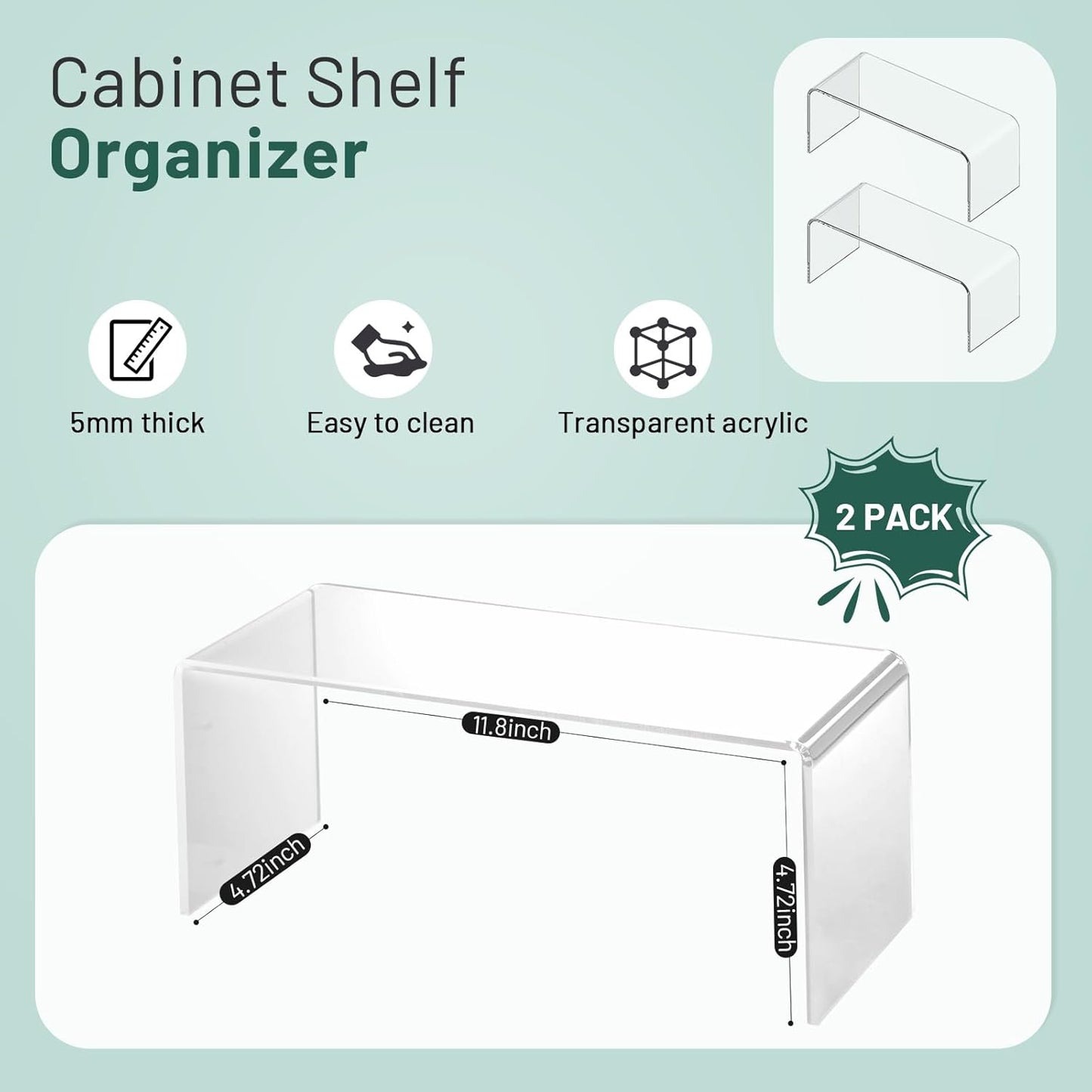 Clear Cabinet Shelf Organizers, 2 Pack Shelf Risers Kitchen Cabinets, Spice Rack for Dishes