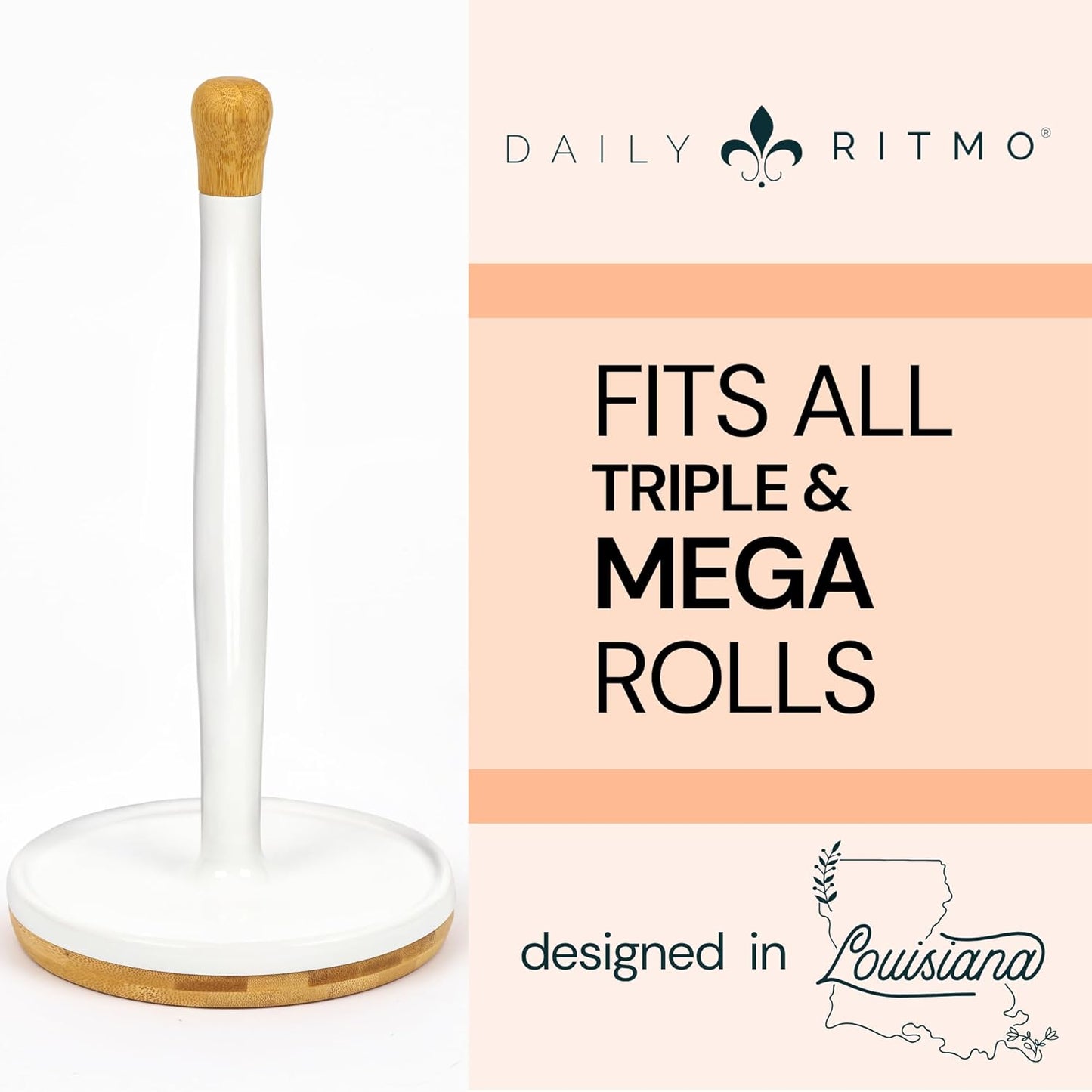 DAILY RITMO® White Countertop Papertowel Holder | Aesthetic Resin Marble & Ceramic Like with Modern Bamboo Wooden Weighted Base & Wood Top