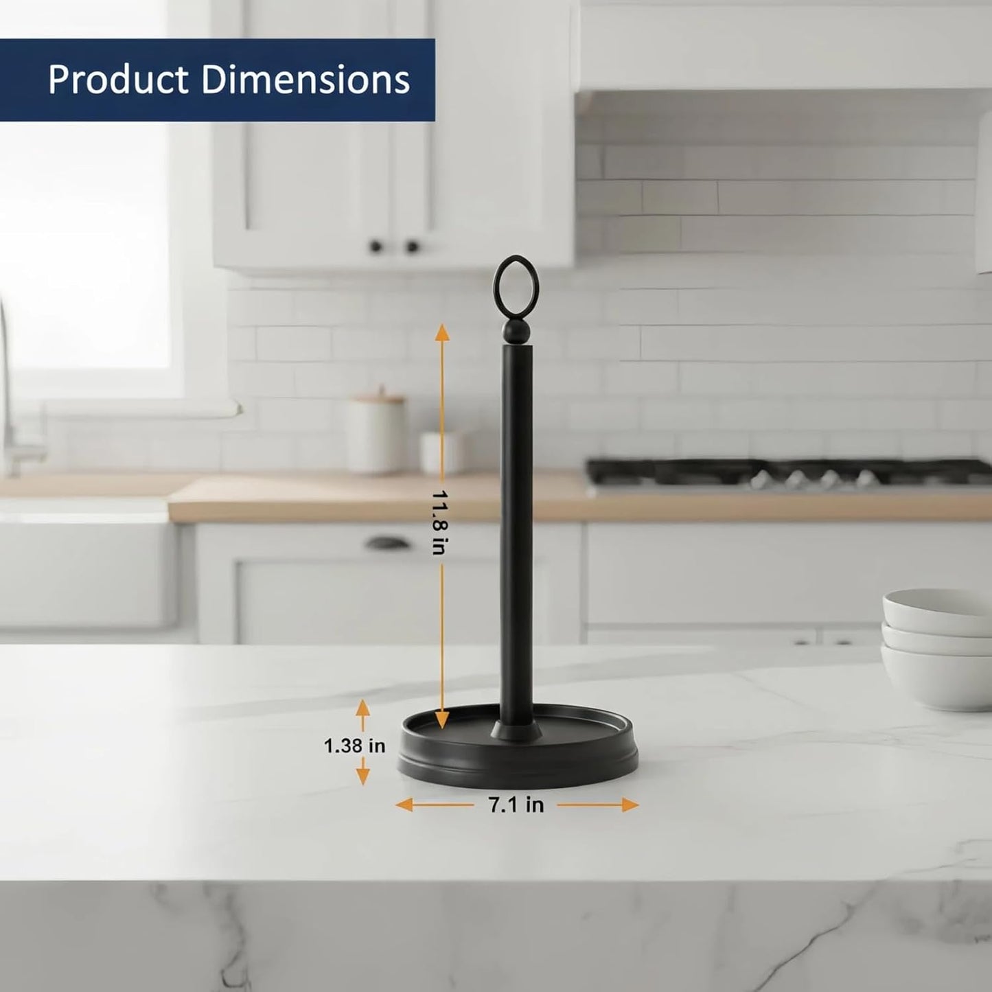 Paper Towel Holder (with Heavy Weighted Base) Steel Paper Holder countertop，Black Paper Towel Holder for Kitchen Countertops, Bars & Dining Tables,Fits Standard & Jumbo Rolls, Matte Black