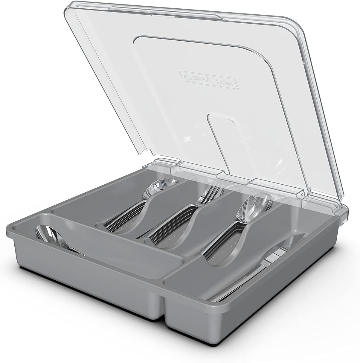 Silverware Tray with Lid, Utensil Holder for Kitchen Counter Plastic Flatware Organizers and Storage holder 5 Compartments Grey