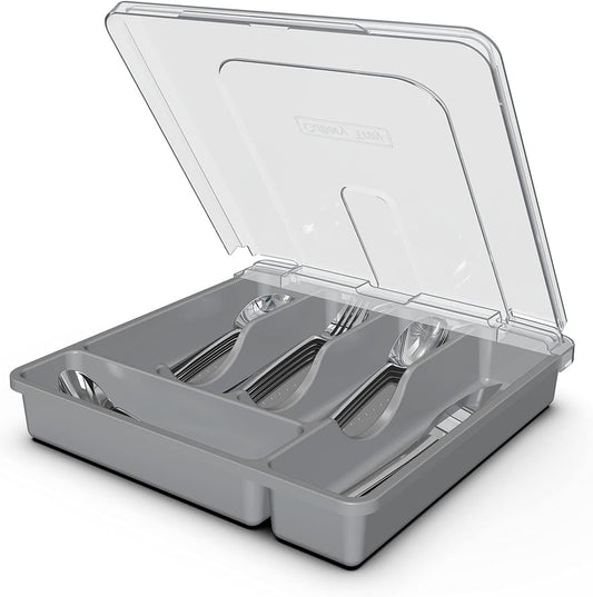 Silverware Tray with Lid, Utensil Holder for Kitchen Counter Plastic Flatware Organizers and Storage holder 5 Compartments Grey