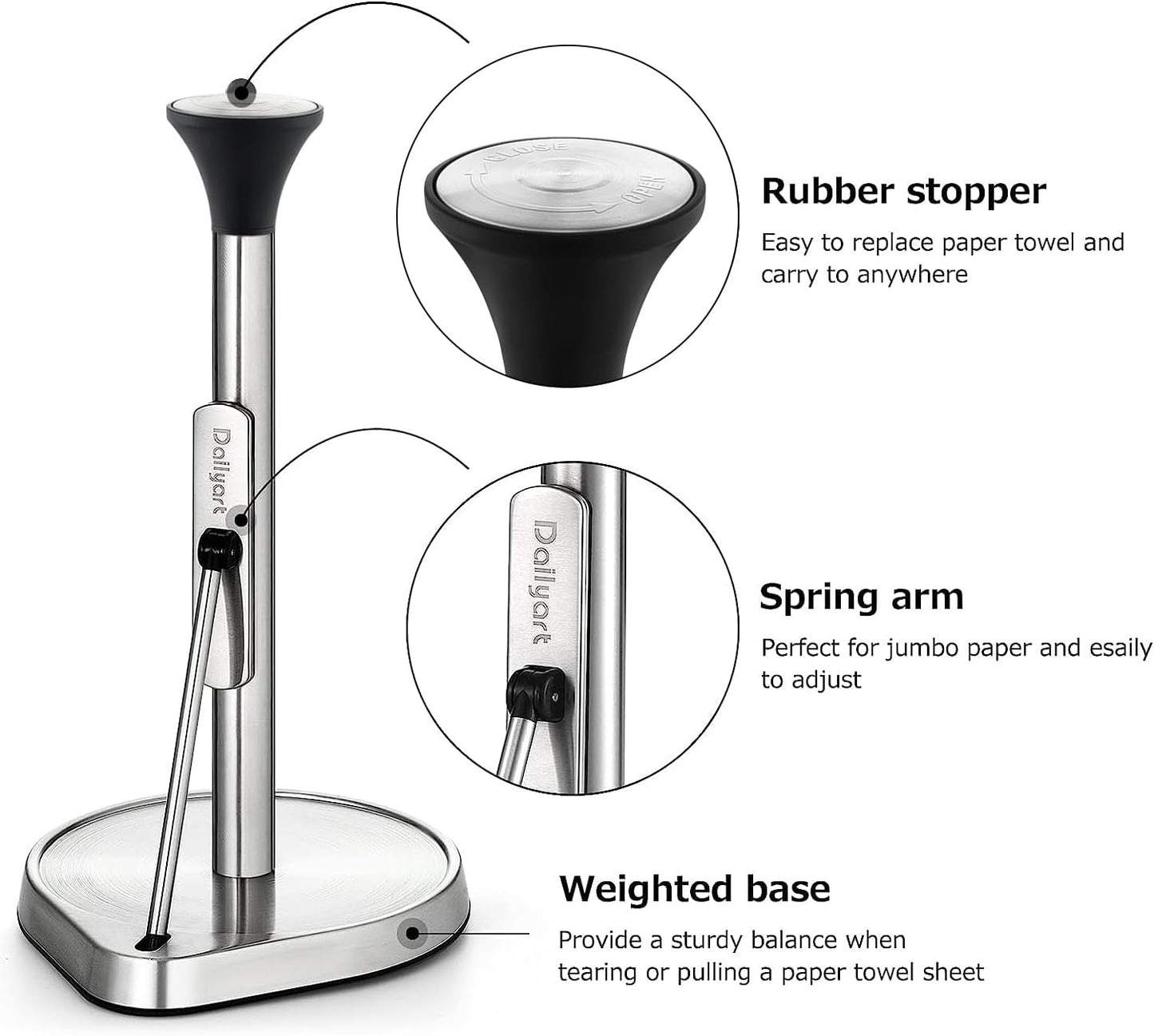 Paper Towel Holder Stand for One Hand Tear with Tension Arm