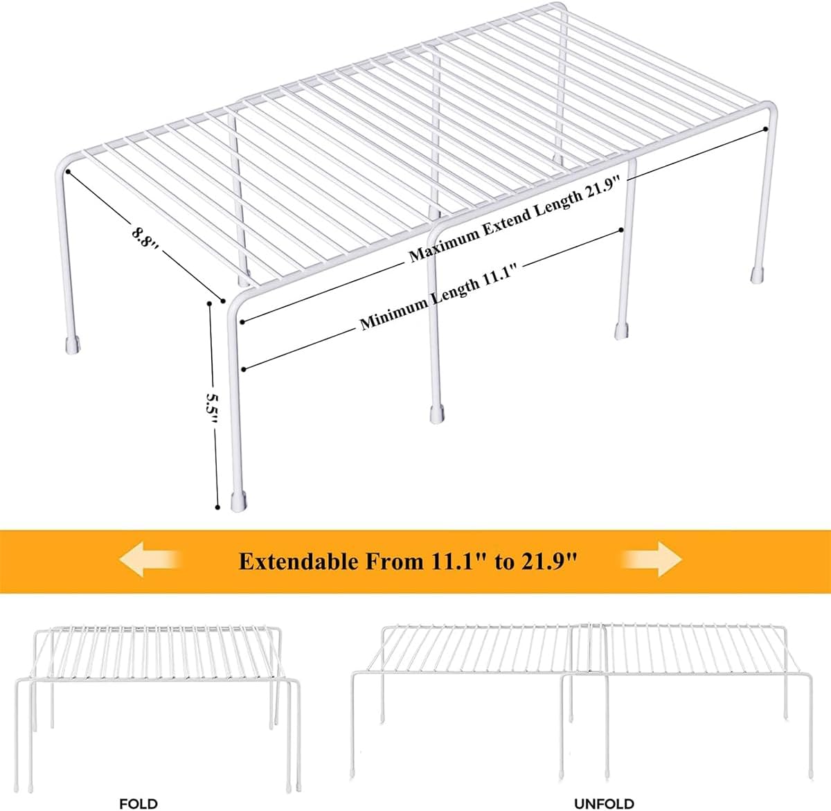 Expandable Cabinet Shelf Organizer, Rustproof Metal Shelf Riser Kitchen Counter Storage Organizer Rack for Fridge, Cabinet, Pantry and Bathroom with Scratch Resistant Feet