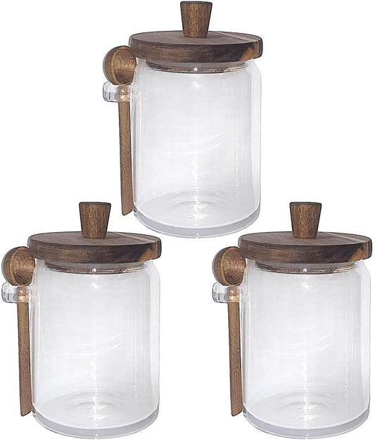 Set of 3 Glass Jars Containers with Wooden Lids and Scoop Clear Canister Jars Set with Spoon for Kitchen Food Storage Coffee Tea Sugar Decorative Countertop Organization Jars 31 oz (3)