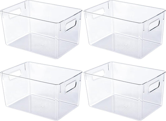 4 Pack Clear Plastic Storage Bins, Pantry Organizers and Storage with Handles