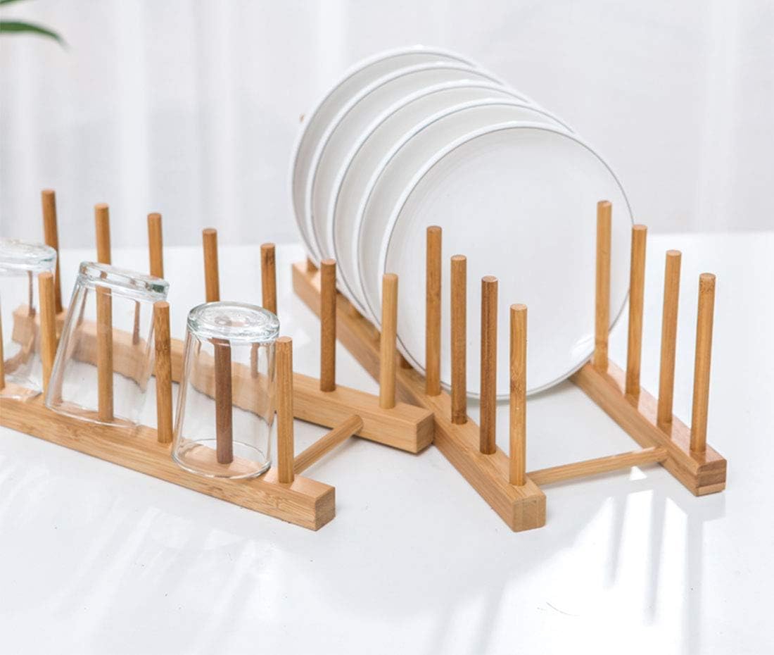 4 Pack Bamboo Dish Drying Rack, Plate Rack Stand Pot Lid Holder, Dish Organizer Racks for Plates