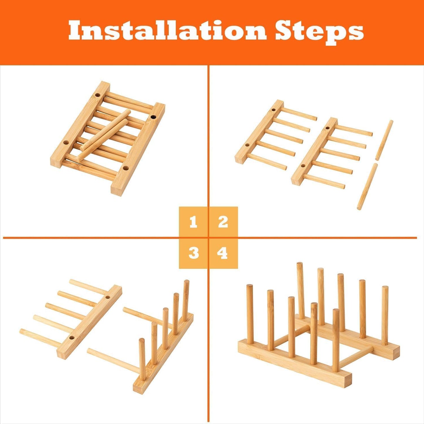 4 Pcs Bamboo Wooden Dish Rack, Plate Organizer for Cabinet Space Saver and Kitchen Counter