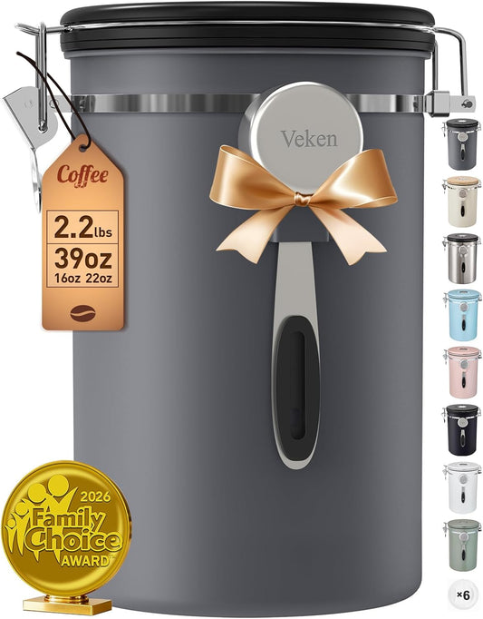 Coffee Canister, 39OZ Large, Airtight Stainless Steel Food Storage Container for 2.2lbs Coffee Beans,Ground, Sugar,Espresso,Rice,Tea,Flour, Cereal,Home Kitchen Pantry Bar Accessories, Gifts,Gray