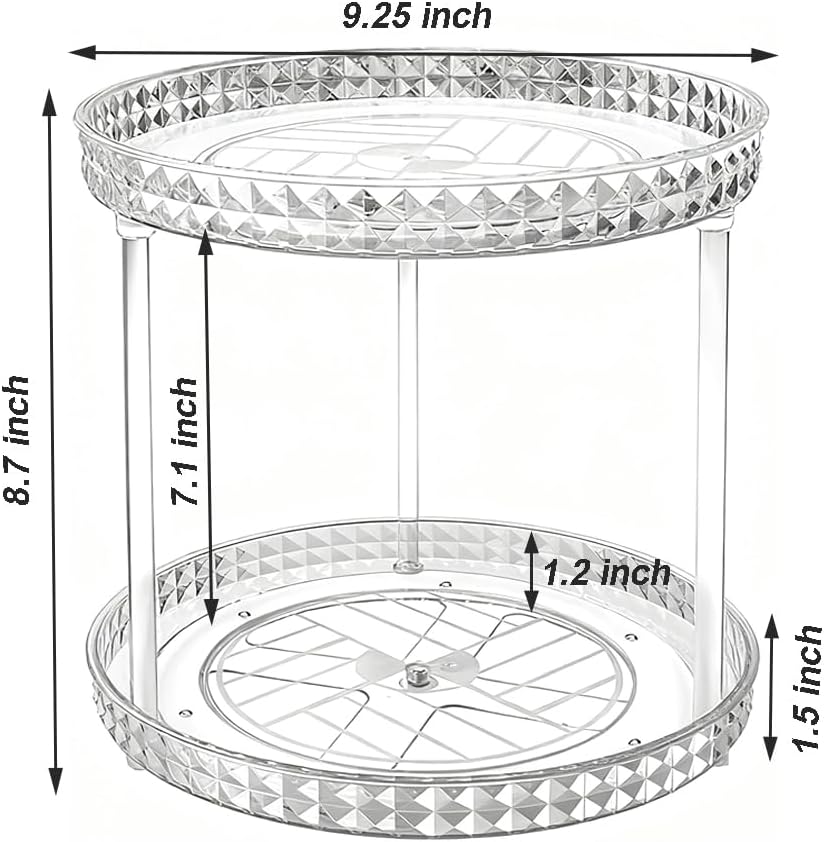 2 Tier Clear Lazy Susan Organizer for Fridge and Cabinet, 360° Rotating Makeup Organizer