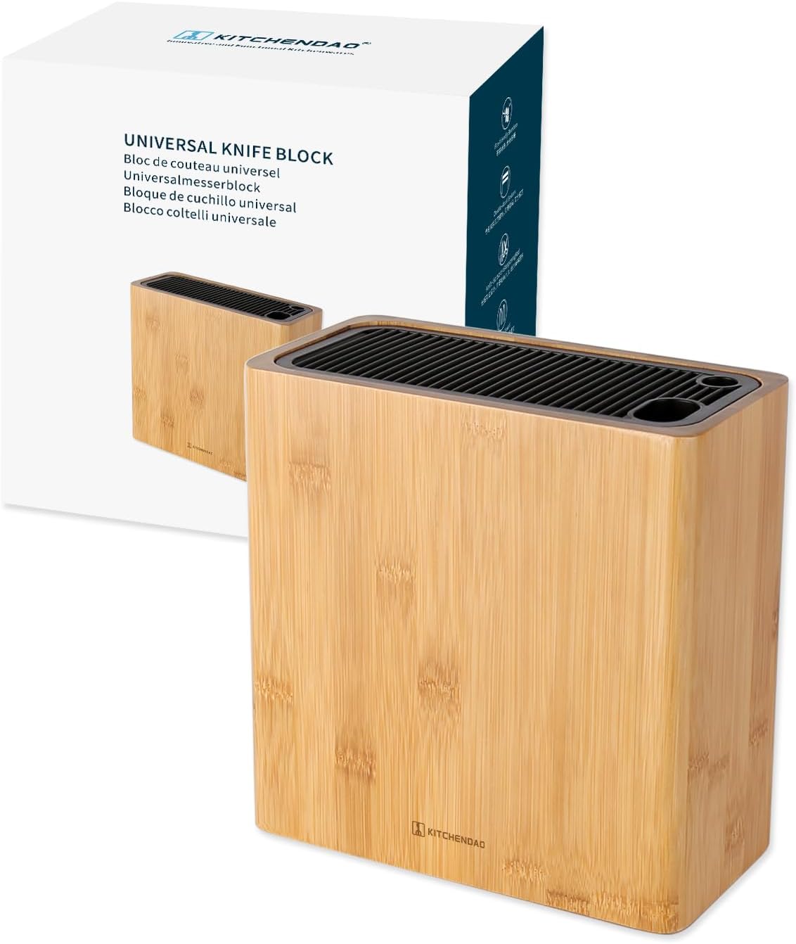 XL Bamboo Universal Knife Block Holder with Slots for Scissors and Sharpening Rod, Safe
