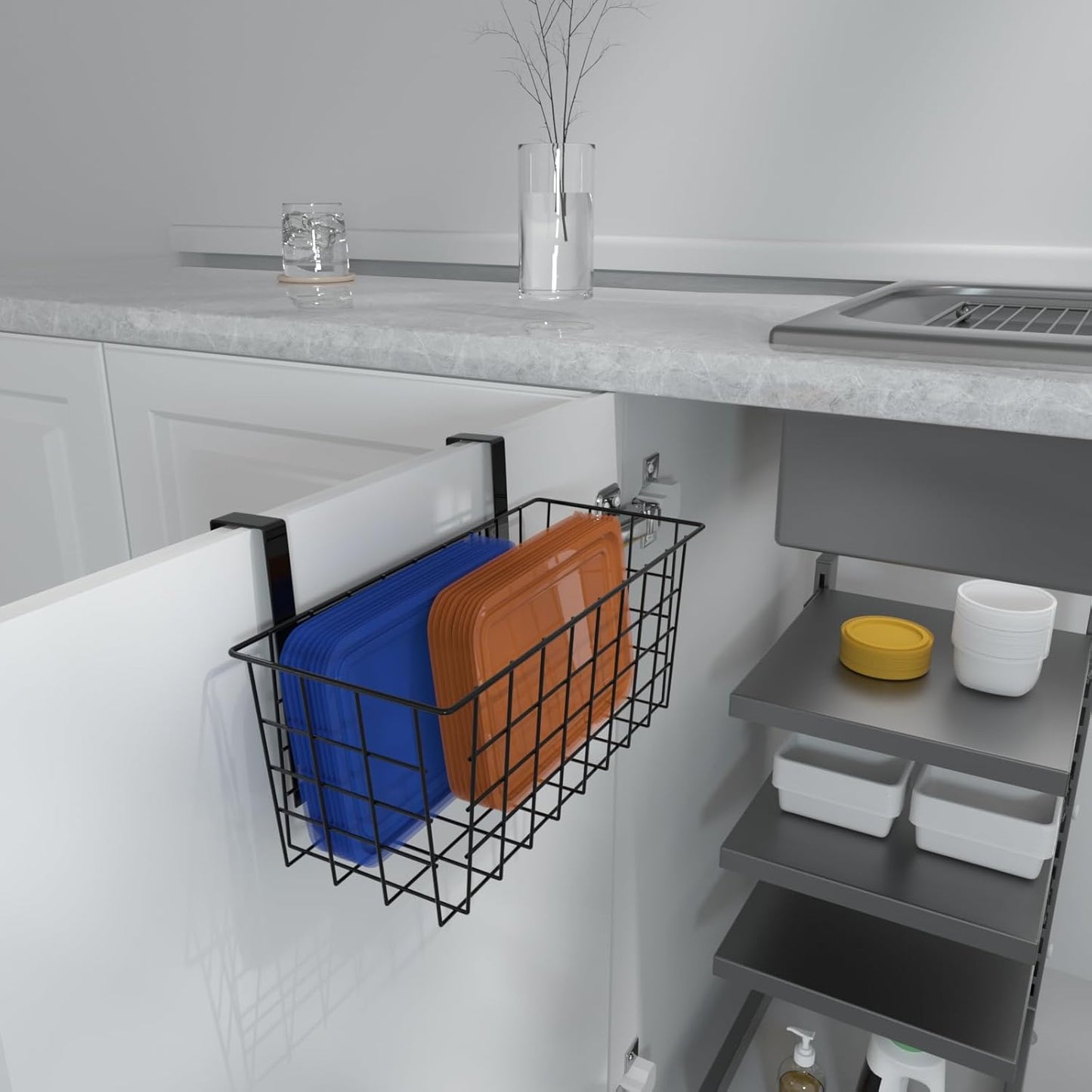 Basket with Hook, Grid Storage Basket, Over the Cabinet Door Organizer