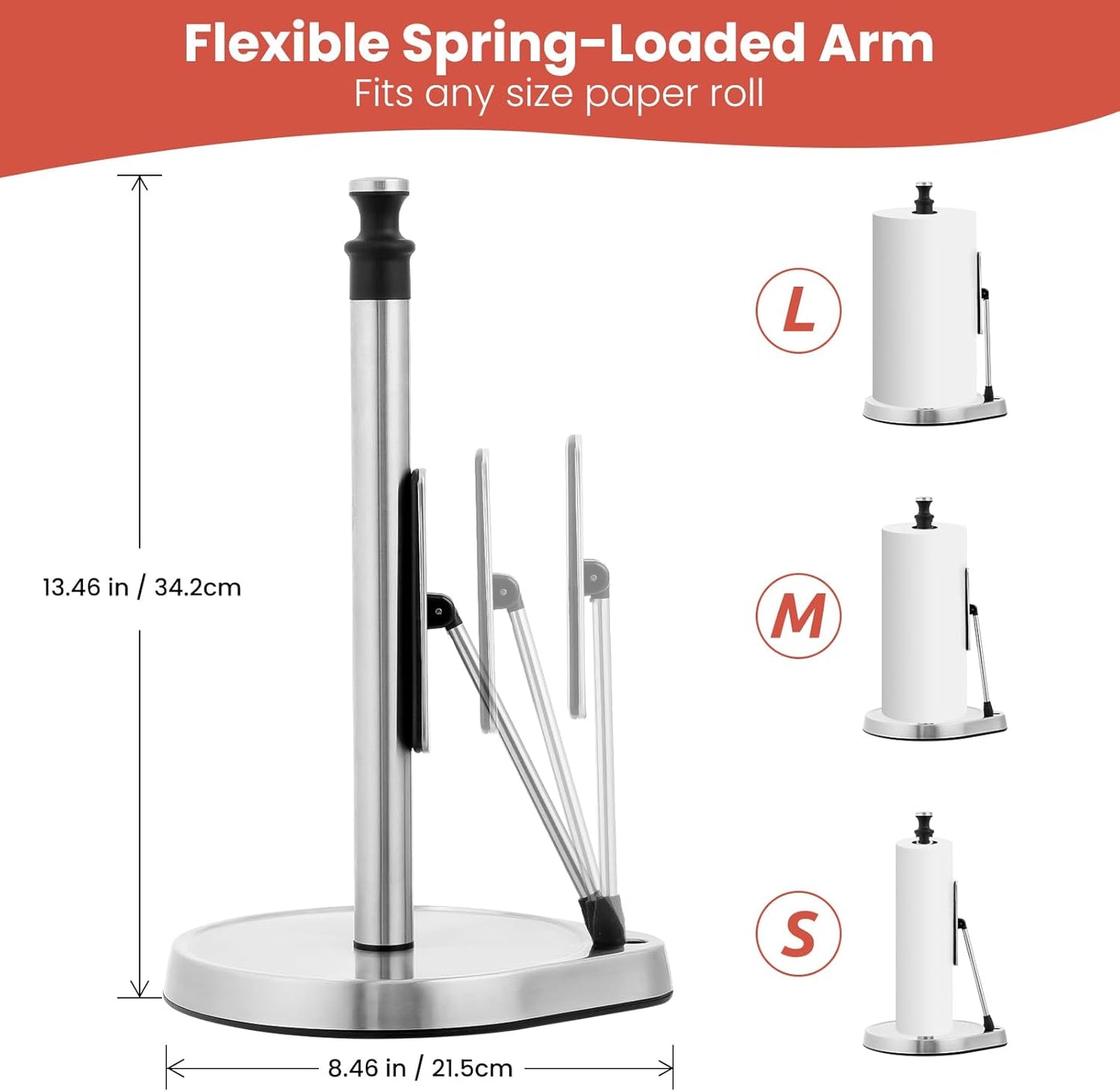 Paper Towel Holder for One Hand Tear - Countertop with Tension Arm & Non Slip Weighted Base