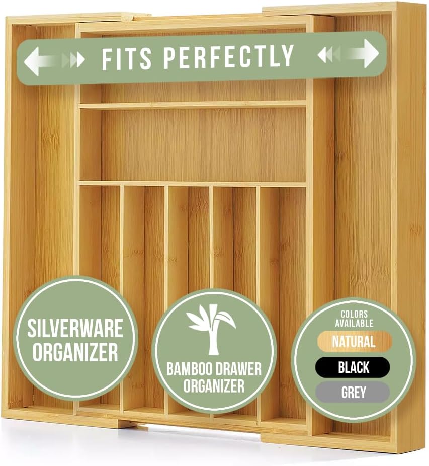 Bamboo Drawer Organizer - Expandable Silverware Organizer & Utensil Drawer Organizer