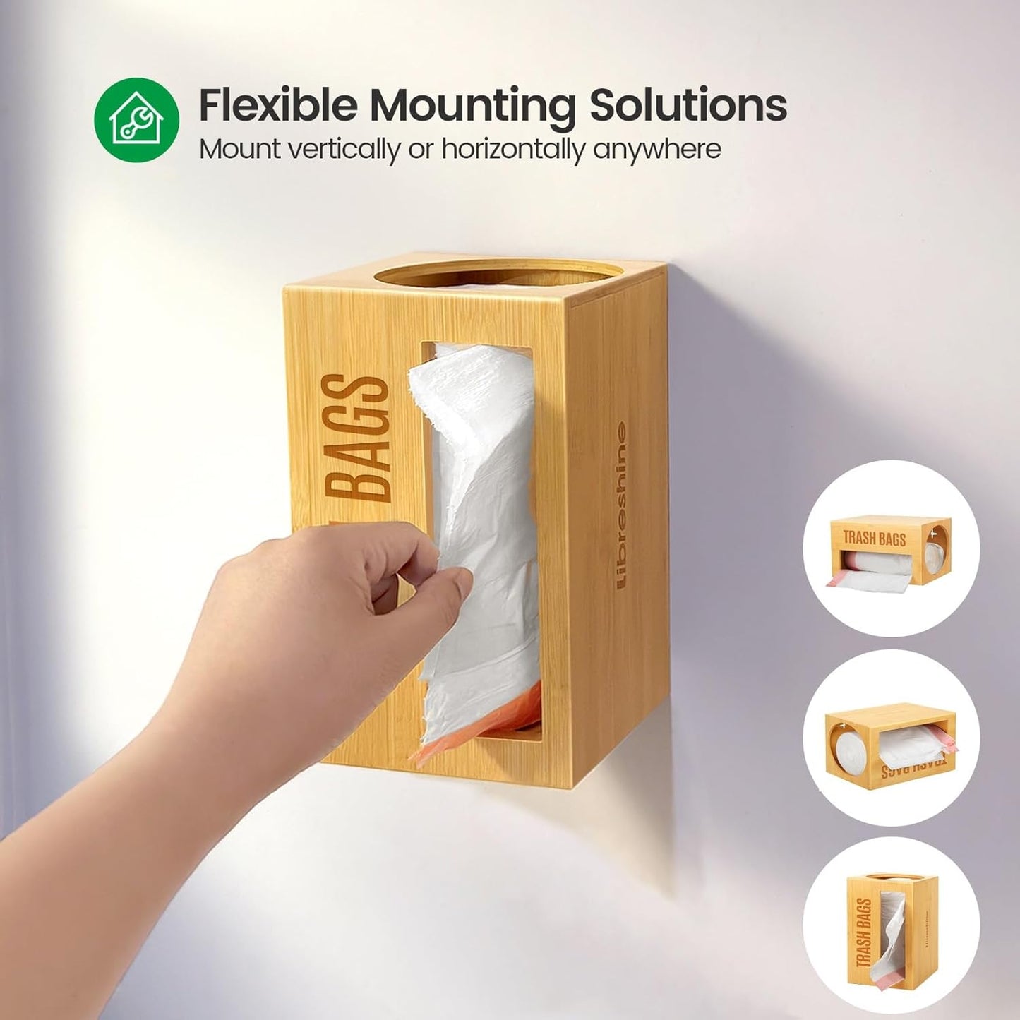 Bamboo Garbage Bag Dispenser Roll Holder - Wall Mount Trash Bag Organizer for 13-33 Gallons