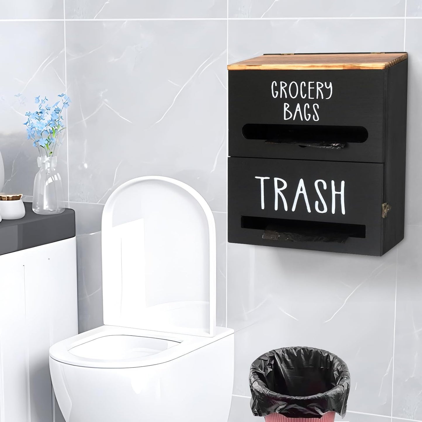 2 in 1 Trash Bag Dispenser, Double Wall Mounted,Wood Trash Bag Holder, used in kitchen, garage