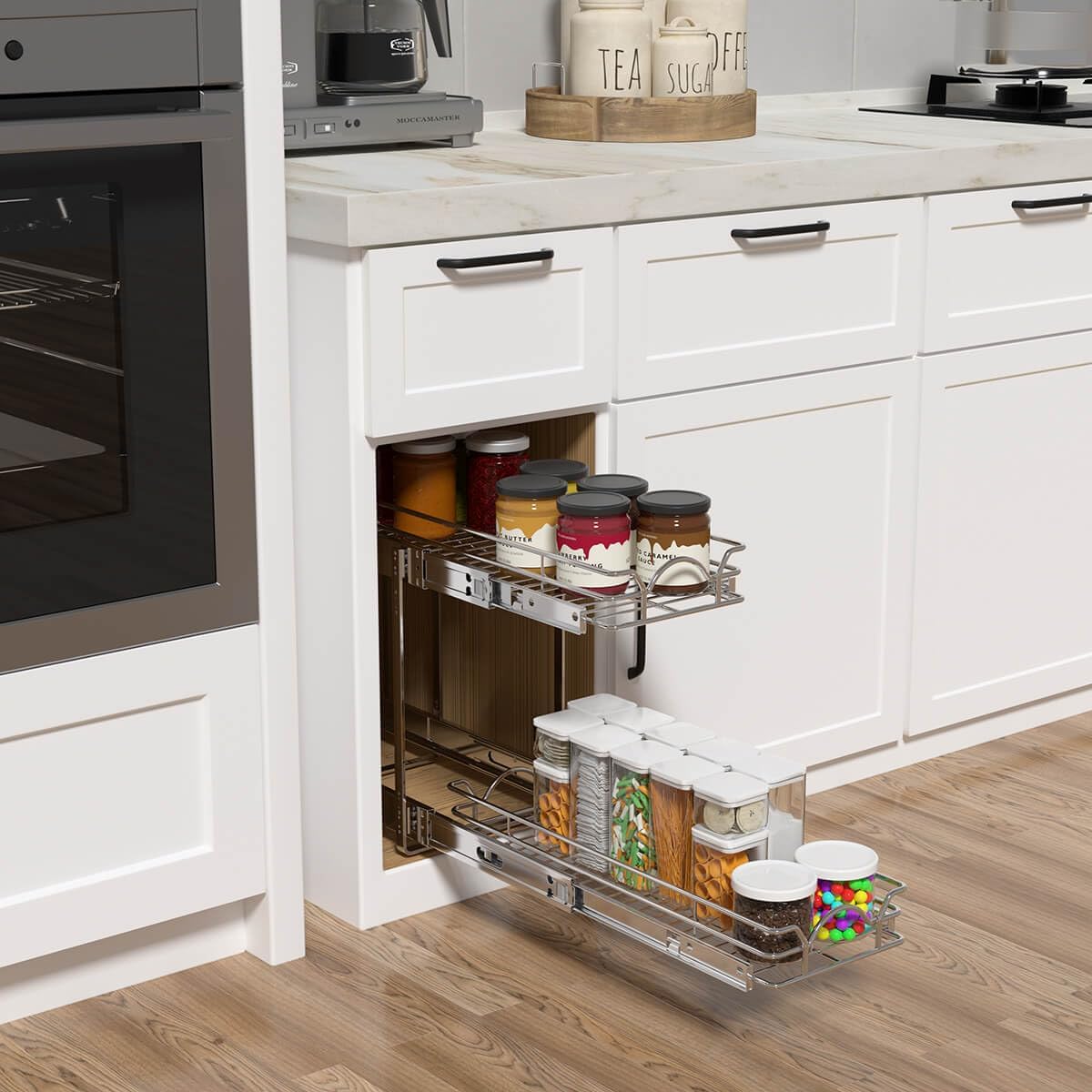 2 Tier Pull Out Cabinet Organizer (9.5" W x 21" D), Pull Out Drawers for Kitchen Cabinets