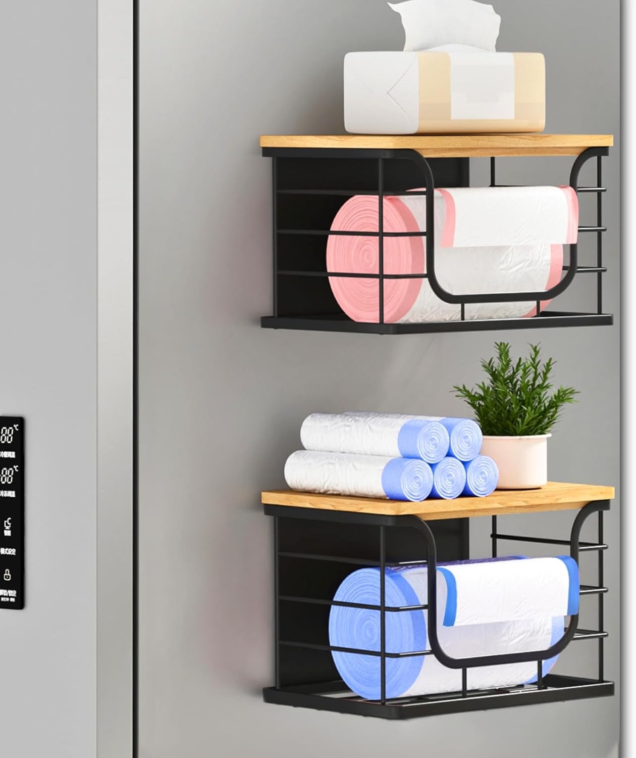 Magnetic Shelf for Fridge Trash Bag Organizer, 2 Pack Stackable Garbage Bag Holder with Bamboo Lid