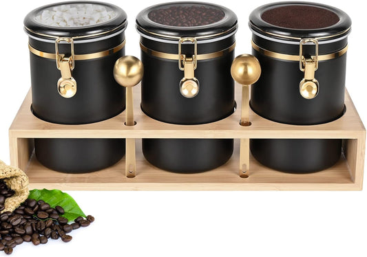 304 Stainless Steel Coffee Canisters for Ground Coffee,3 x 63 OZ Coffee Container with Shelf Coffee Bean Storage, Food Storage Jar with Gold Airtight Locking Clamp and Spoon for Kitchen