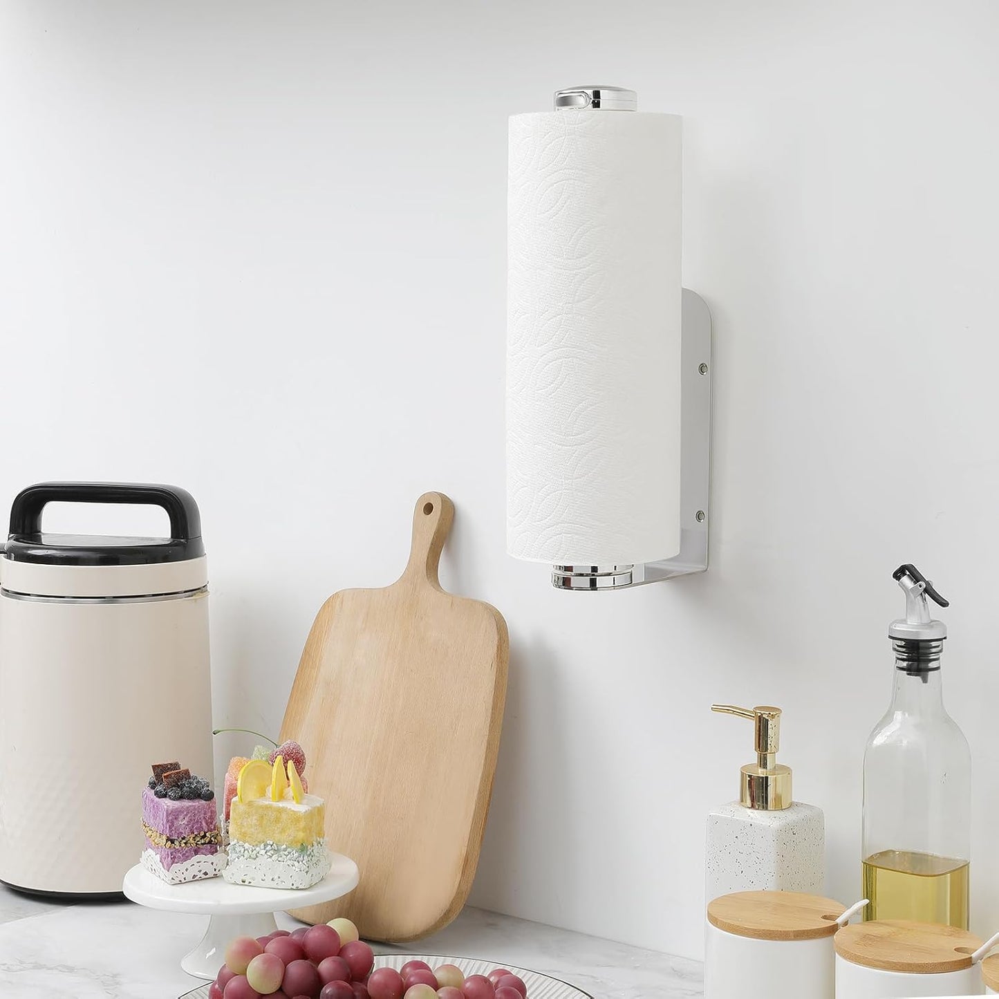 Paper Towel Holder Under Cabinet, One-Handed Tear Wall Mount Paper Towel Holder Dispenser with Damping Function for Kitchen Organization, Stainless Steel, Self-Adhesive or Drill mounting,Silver