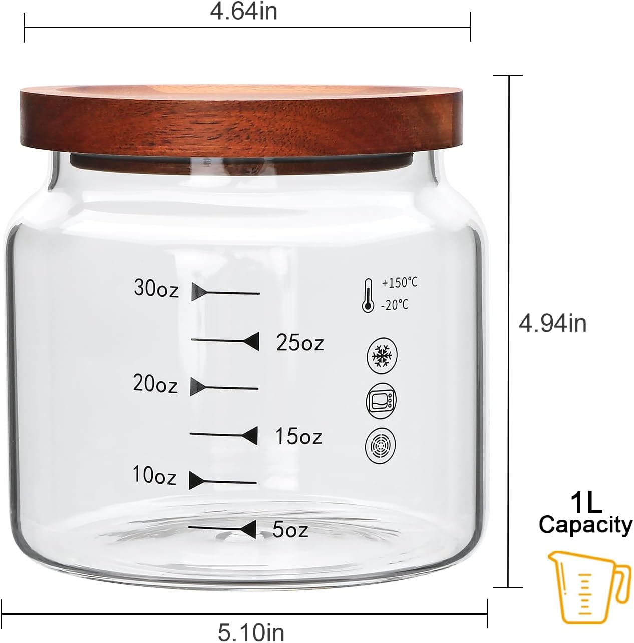 Glass Jars,Set of 4 Glass Food Storage Containers with Wooden Lids,Clear Glass Canister Sets for Sugar,Tea,Coffee,Snack,Spice,Herbs(33 oz/ 1000 ml)