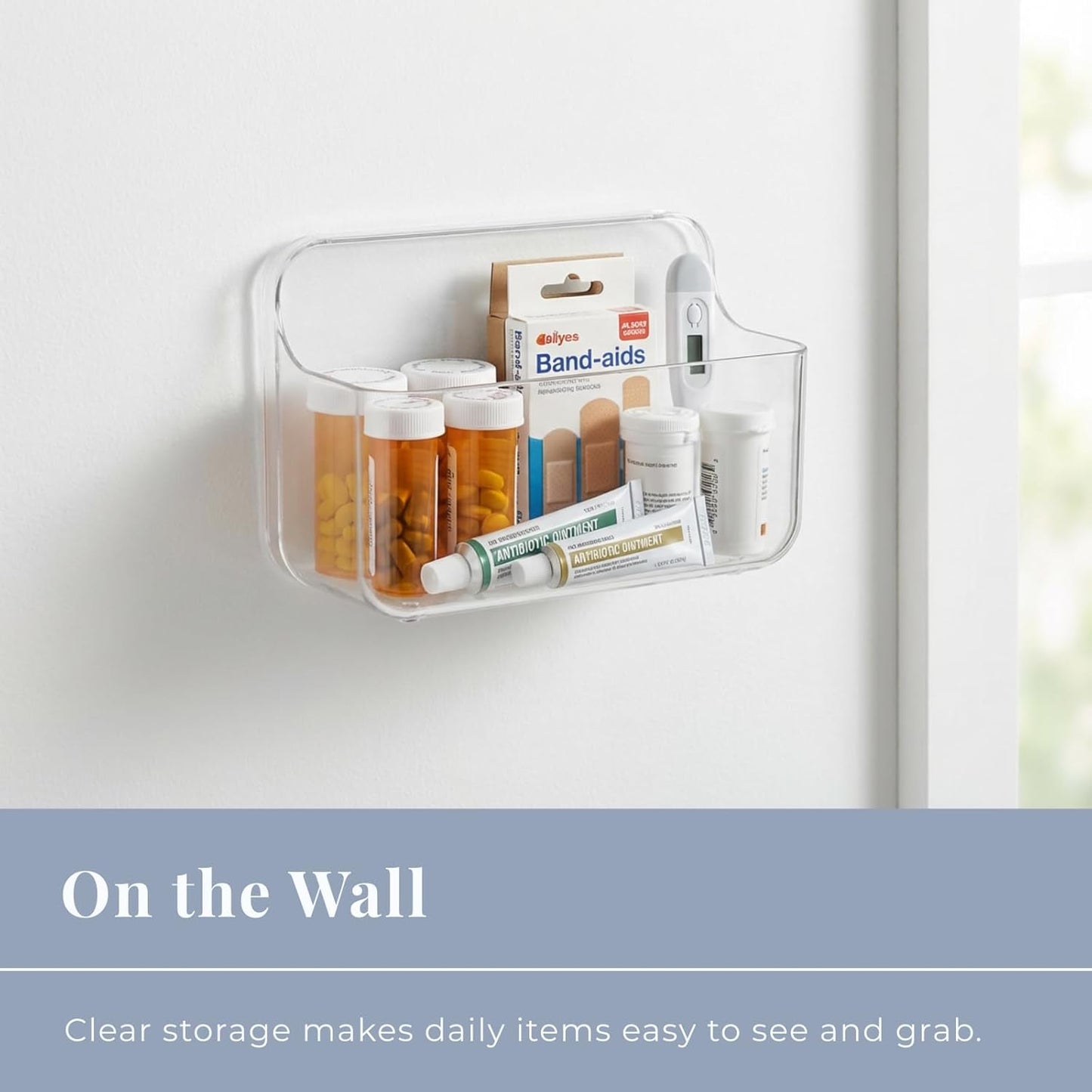 No-Drill Wall Organizer Bin – Clear Removable Adhesive Storage Box with Drain Holes, PET Plastic