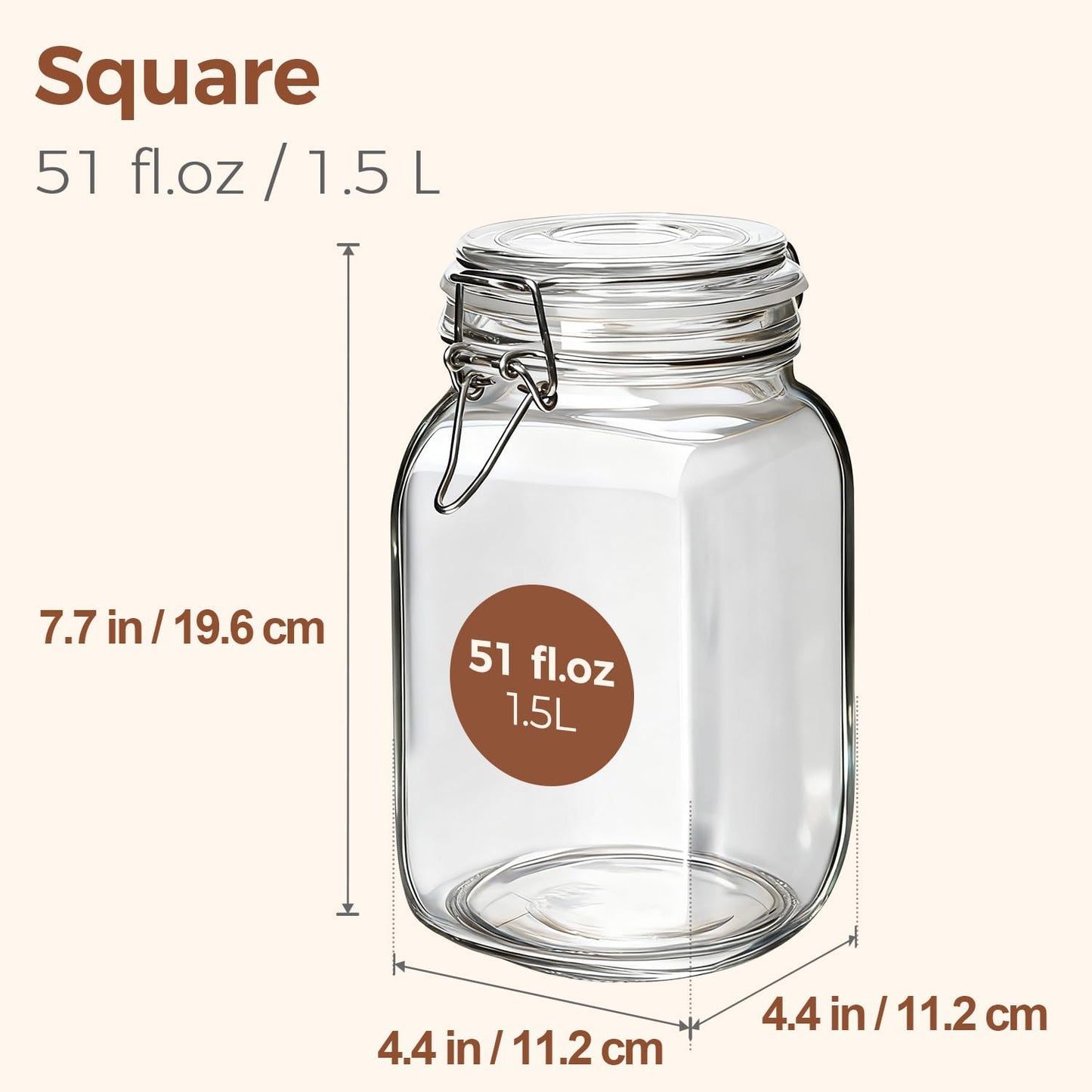 Set of 3 Square Glass Jars with Airtight Lids (51 Oz), Wire Clamp Canisters for Pickling