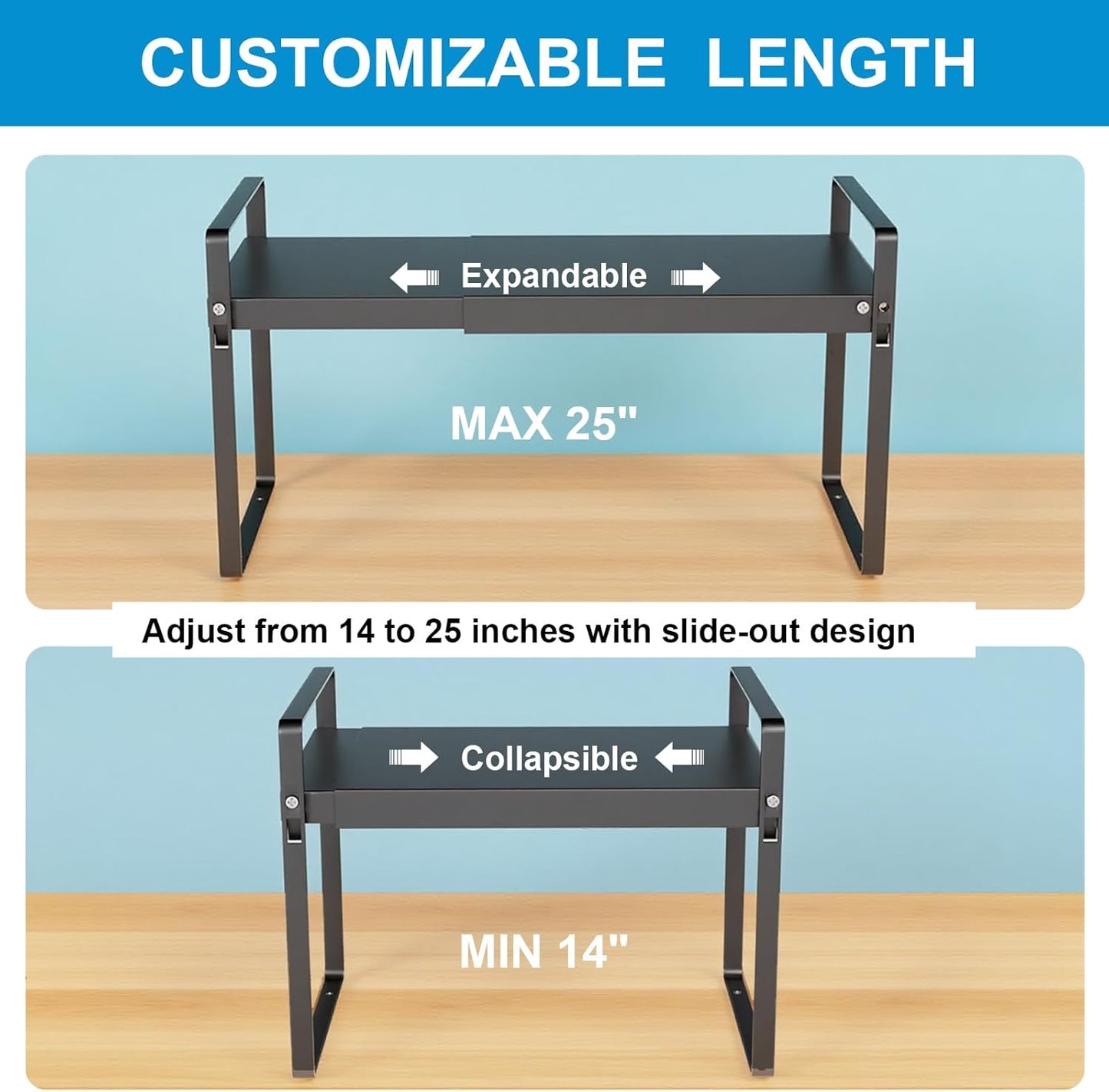 Expandable Cabinet Shelf Organizer 14-25 Inch Adjustable Length