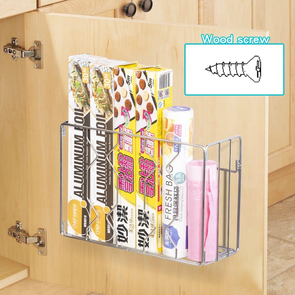 Wall Mount Kitchen Wrap Organizer Rack, Cabinet Storage Basket, Aluminum Foil Rack