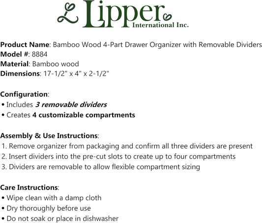 Lipper International Bamboo Drawer Caddy, 17.5 by 4 Inches, 3 Removable Dividers