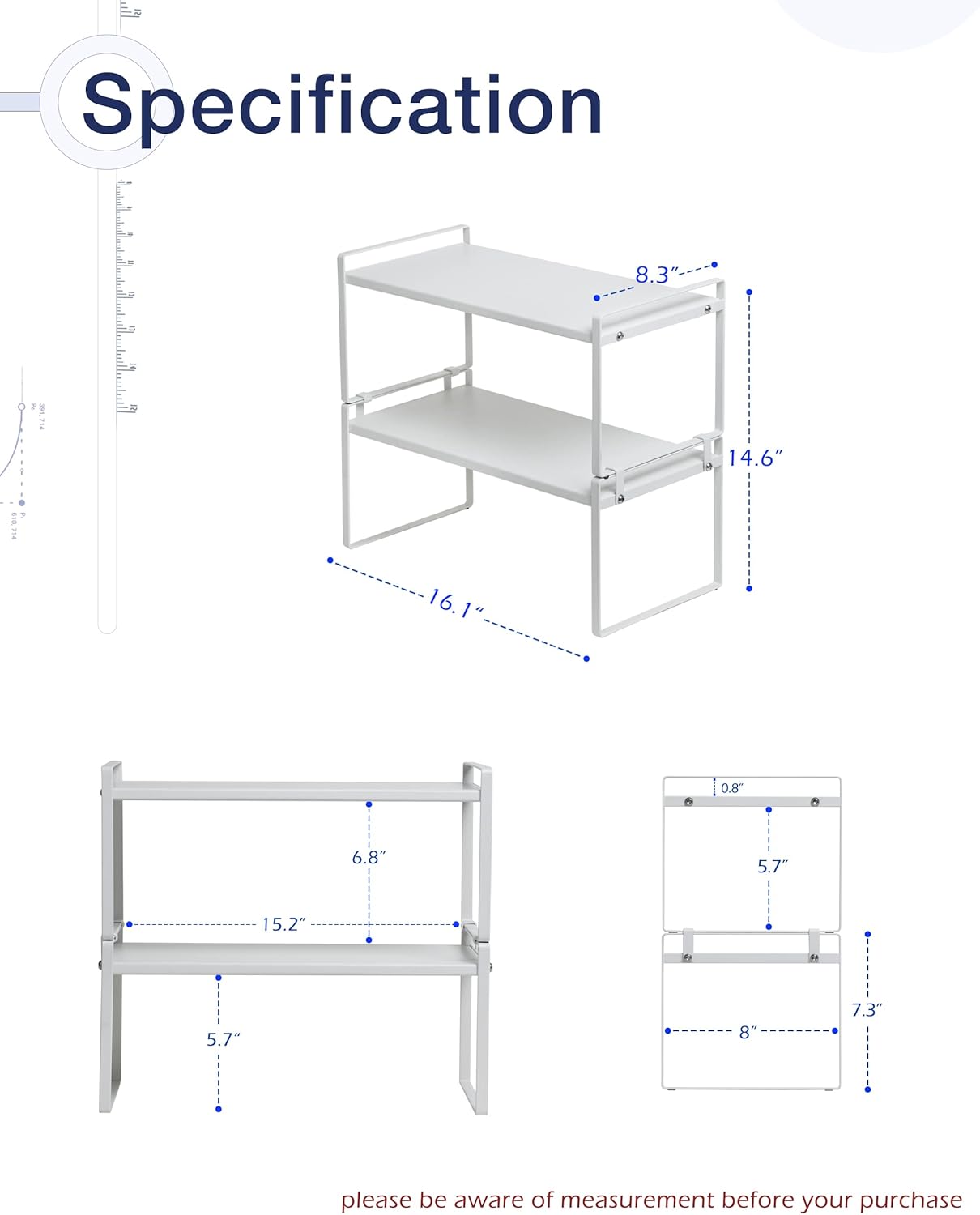 2Pack Cabinet Shelves Stackable Shelf Organizer Rack Riser for Kitchen Cabinet Pantry Cupboard Counter Countertop Home Organization Storage Space Saver Heavy Duty Metal Nonslip White