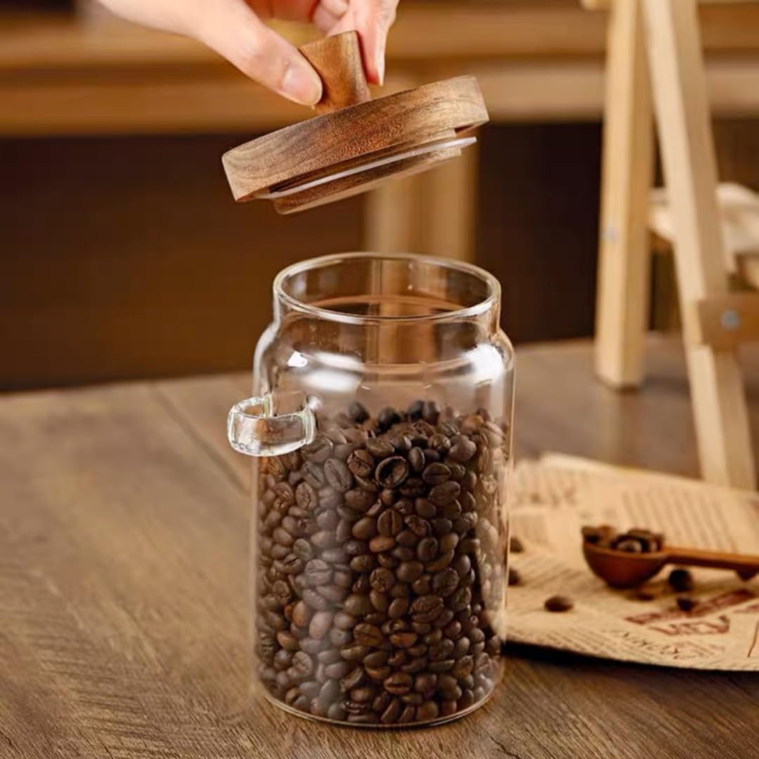 Set of 2 Glass Food Storage Jars with Bamboo Wood Lid and Spoon